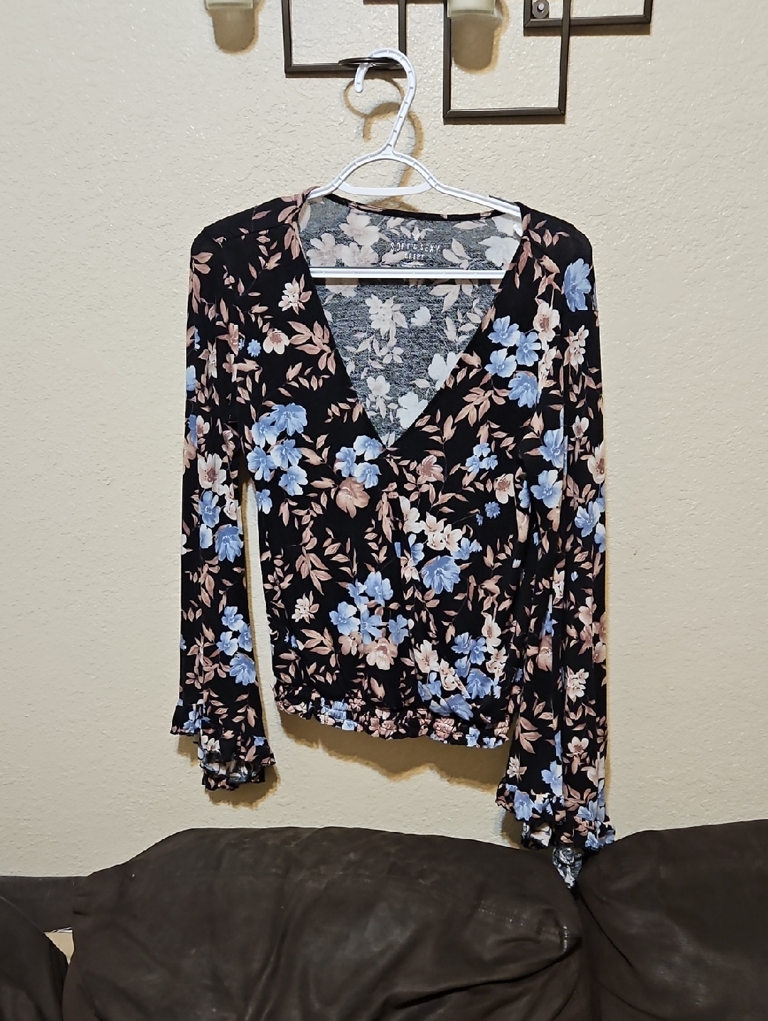 American Eagle Outfitters Black Floral V-Neck Wrap Top With Blue & Pink Blooms